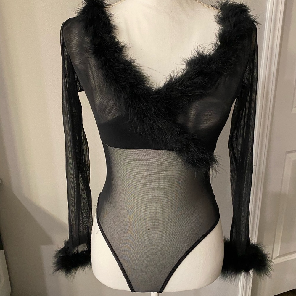 Victoria's Secret Black Fur-Trimmed Bodysuit